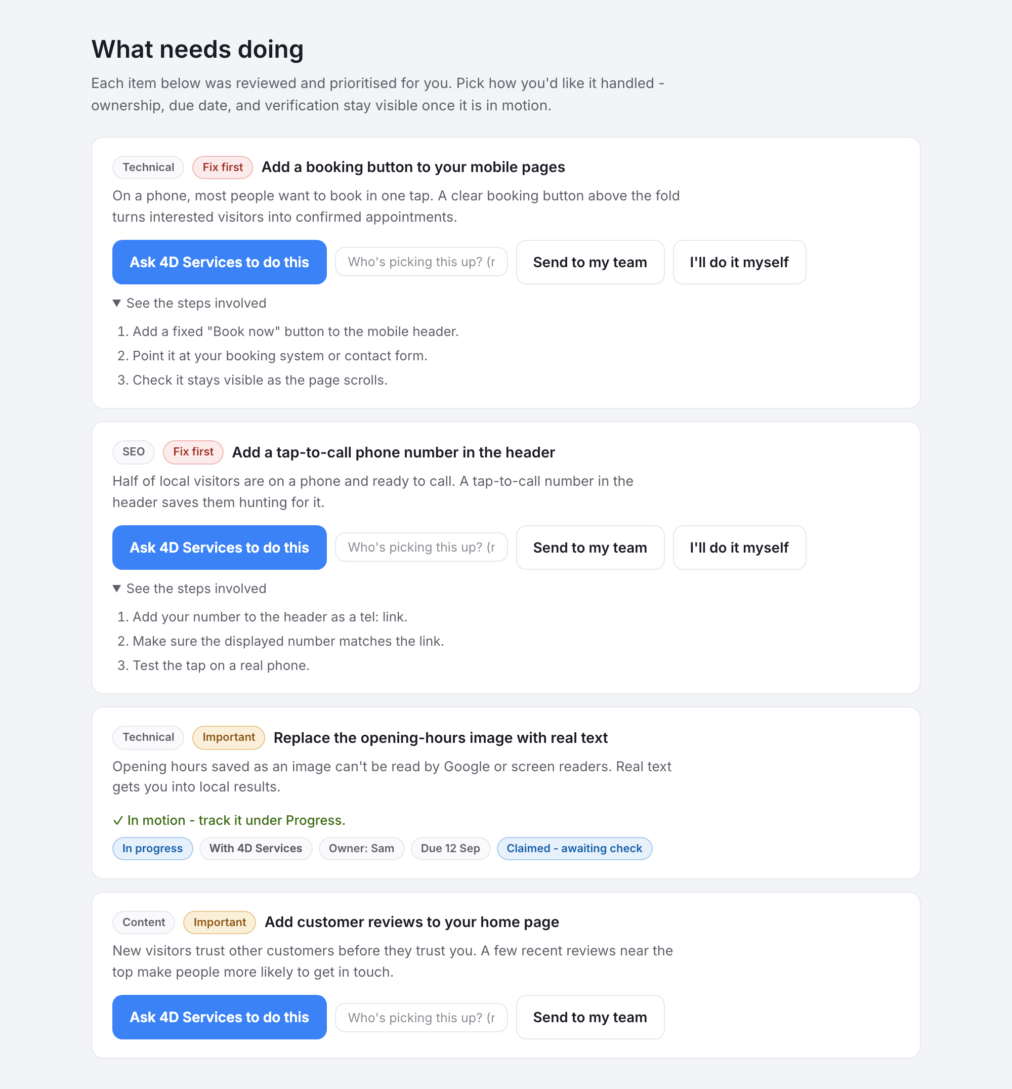 AuditCrow client portal showing decisions and ownership before any score